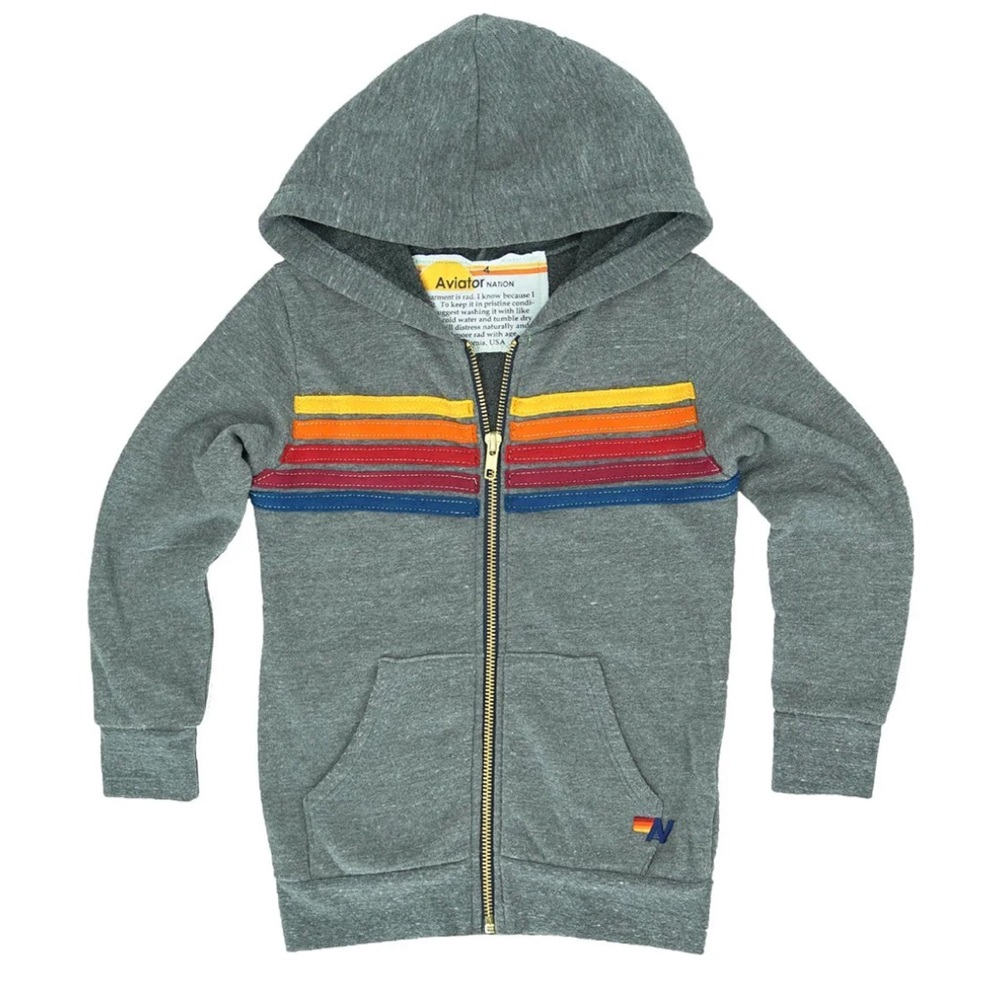 Aviator Nation KID'S 5 STRIPE HOODIE - HEATHER GREY Size 4